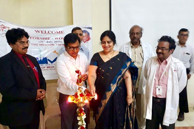<b>Dr.Udaya Kiran (Dean), Dr.Mahesh Kumar U (Medical education Unit Co-ordinator), along with Dr.NVN Reddy (Chief Guest), Dr.Sasikala.G, Dr.Prabhakar Rao inaugurating the Workshop on 'Mentorship', on 31 Jul 2018</b>